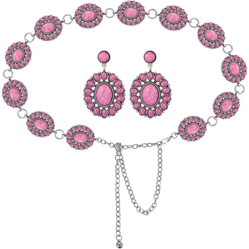 Turquoise Concho Chain Belt Silver Western Waist Jewelry for Women